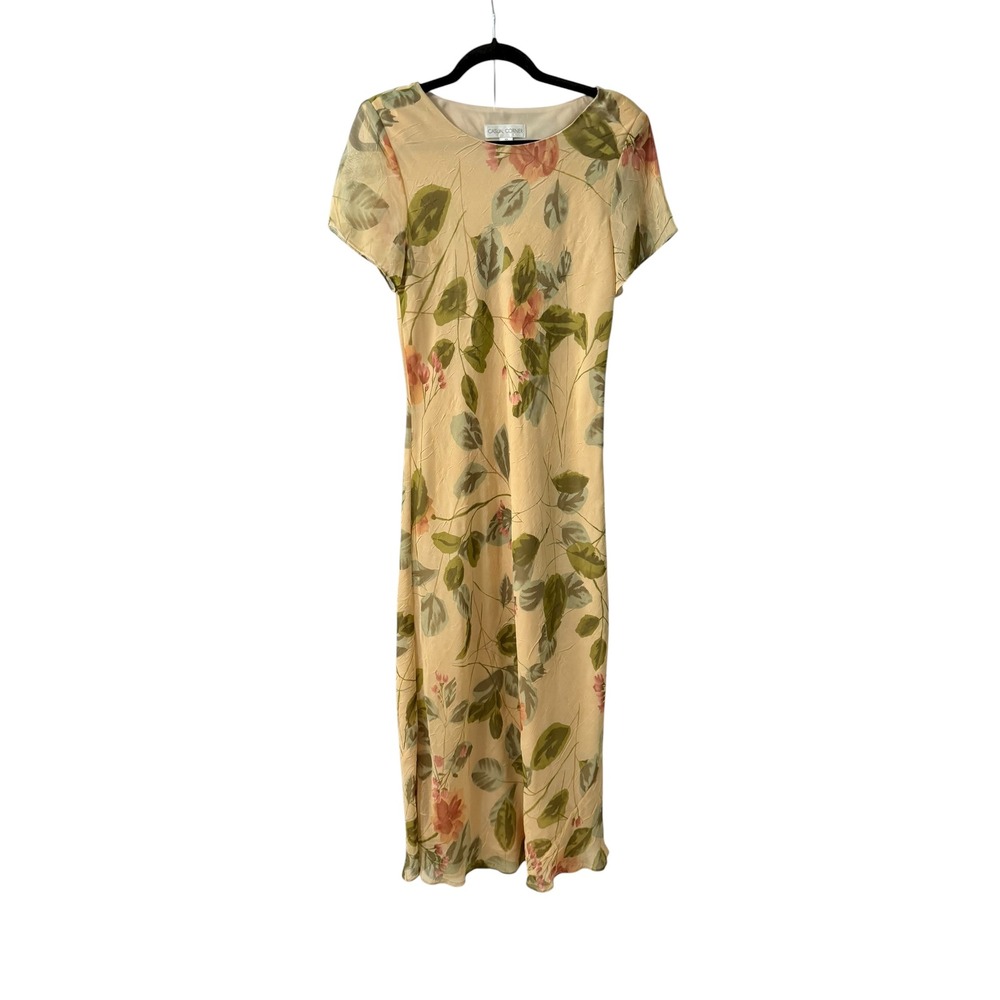 Vintage Grunge Floral Maxi Dress Beige Floral Overlay Chiffon Sheath Size 10